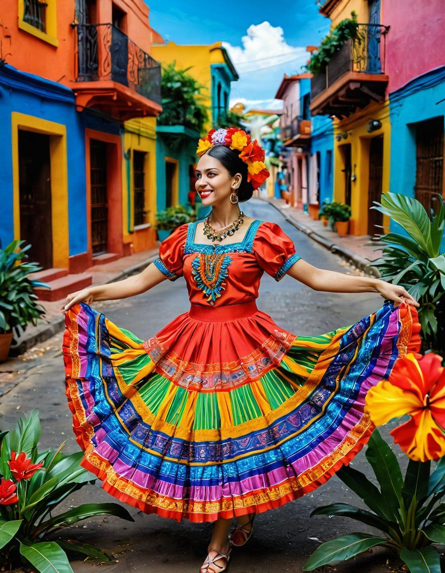 A vibrant collage showcasing traditional Latin American art forms, including colorful textiles, intricate pottery, and lively street murals. Incorporate joyful dancers in traditional costumes celebrating a festival, surrounded by lush tropical flora. The backdrop should reflect the cultural ambiance, combining architecture and natural landscapes of Latin America. Capture the essence of community and joy in rich, vivid colors. super-realistic. vibrant colors. 3D.