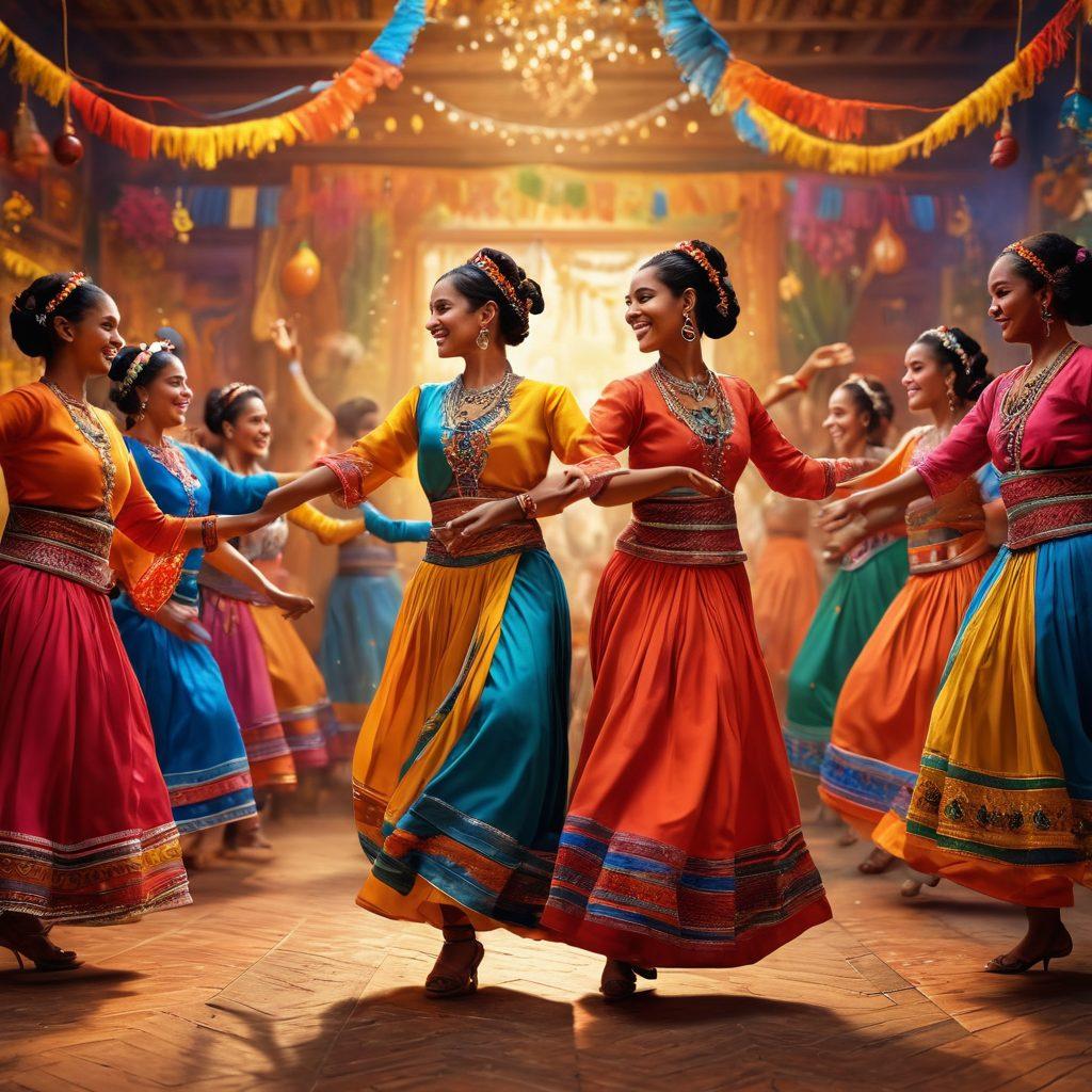 A vibrant scene showcasing diverse people of different cultures dancing together, with colorful traditional attire and musical instruments reflecting their heritage. The background should feature festive decorations and symbols of various cultural celebrations, creating a sense of unity and joy. The atmosphere is lively and energetic, capturing the essence of communal celebration through dance and music. super-realistic. vibrant colors. dynamic composition.