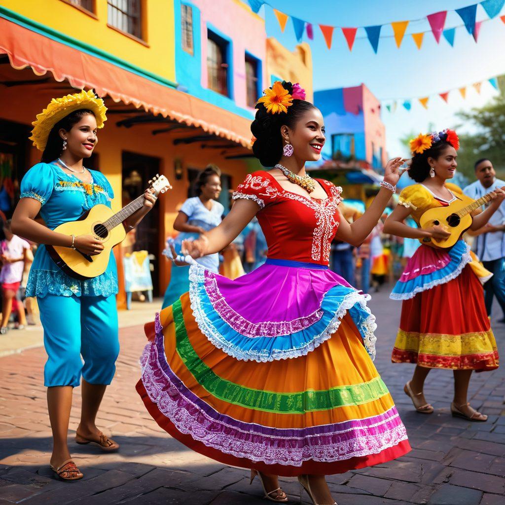 A lively street festival scene showcasing vibrant Latin American dancers in colorful traditional costumes, surrounded by festive decorations like papel picado and vibrant murals. Capture the joy and energy with musicians playing instruments like guitars and maracas, joyful children participating, and a sunset background enhancing the warm atmosphere. super-realistic. vibrant colors. 3D.